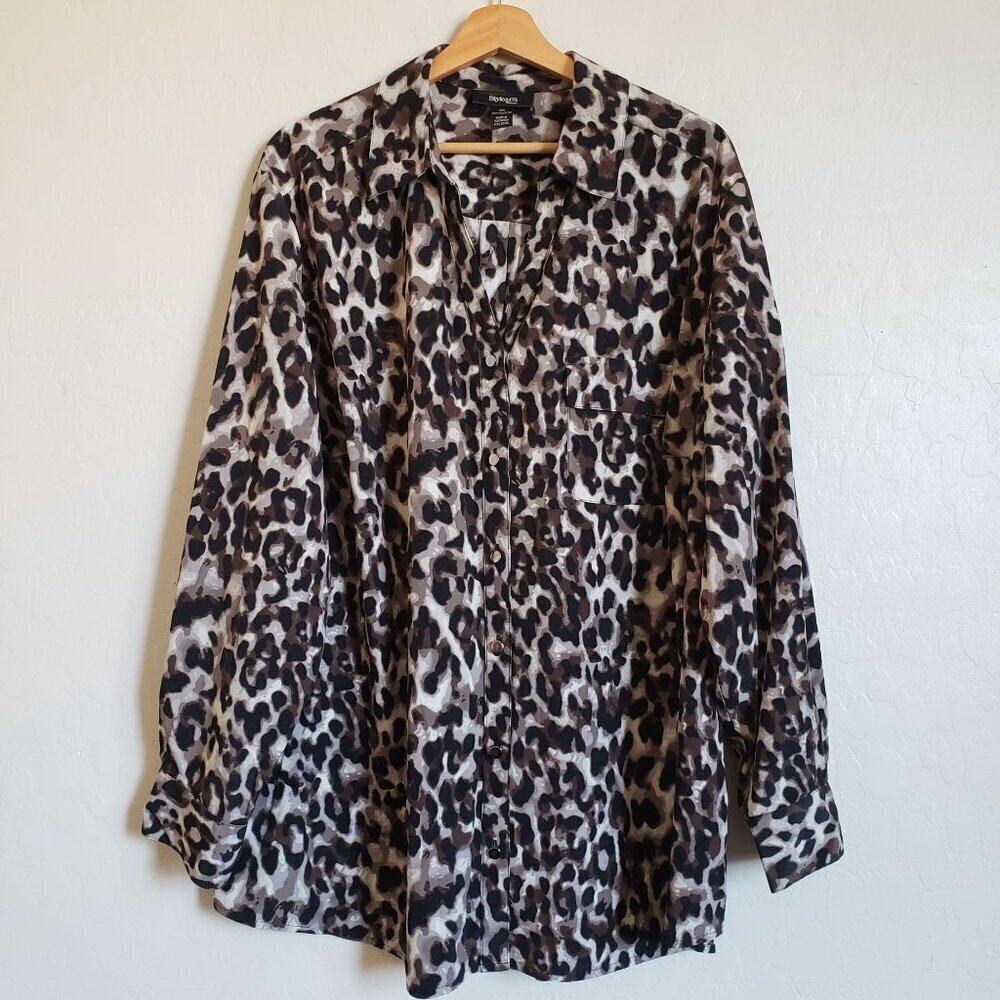 Style & Co Leopard Print Button Front Roll Tab Sleeve Top Black Brown Women's 3X